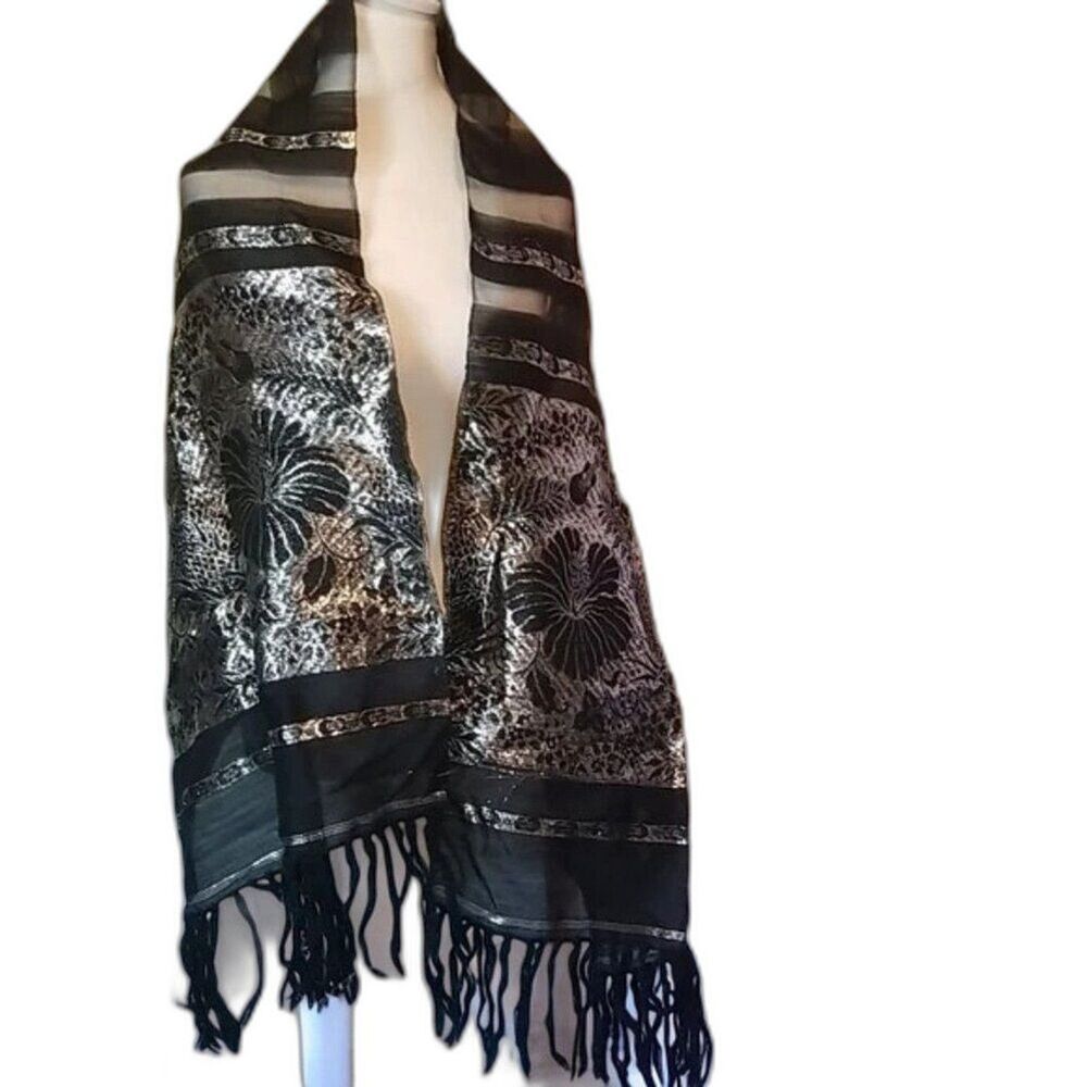 Vintage 80s Black Silver Metallic Scarf Retro Disco Festival Shimmer Wrap Shawl
